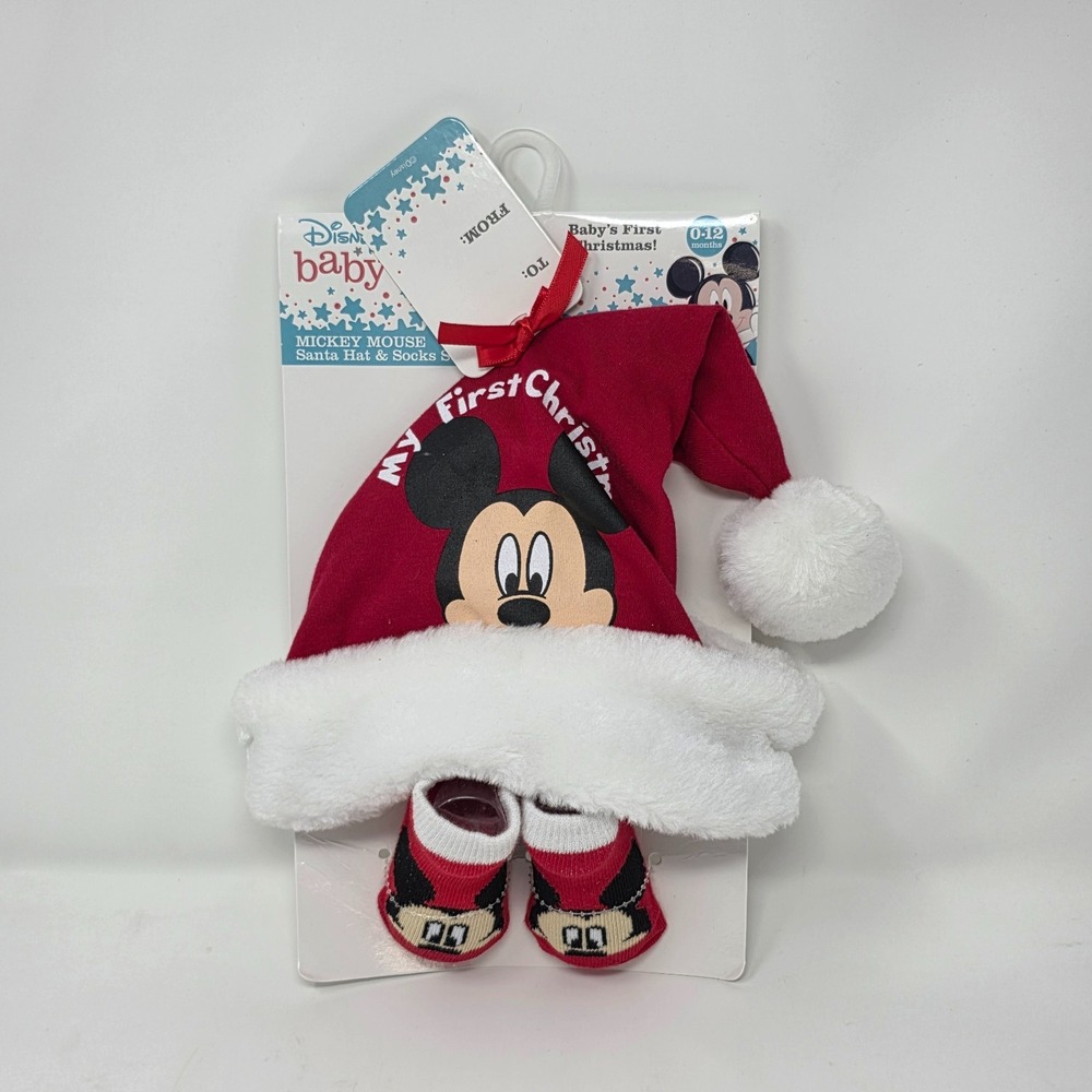 Disney Baby Mickey Mouse My First Christmas Santa‎ Hat and Socks 0-12 Months Red - Picture 3 of 6